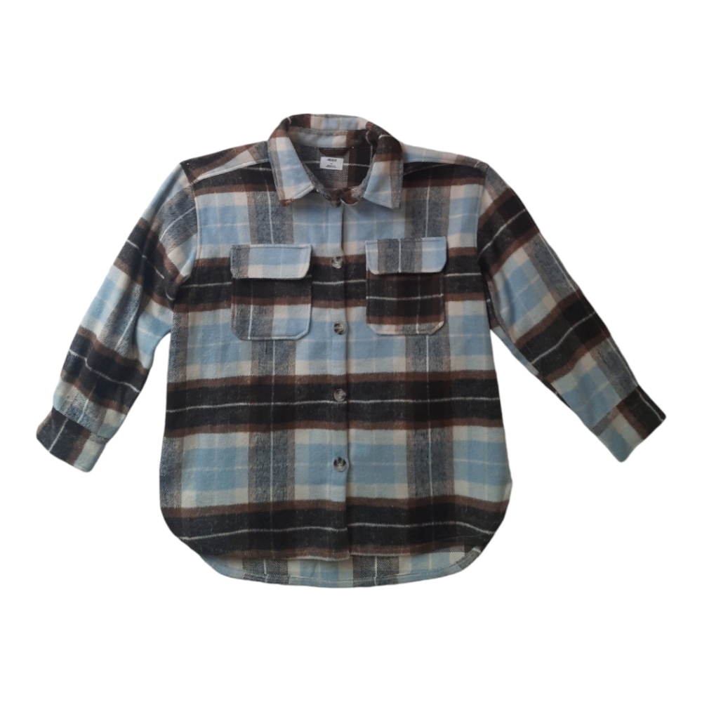 New - Collared Button Shirt Jacket Coat Size Lrg Pockets Brown Blue Cream Plaid